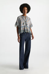 Dorothee Schumacher Cotton Poplin Short Sleeve Ruffled Top in Blue Floral Print