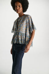Dorothee Schumacher Cotton Poplin Short Sleeve Ruffled Top in Blue Floral Print