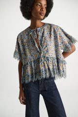 Dorothee Schumacher Cotton Poplin Short Sleeve Ruffled Top in Blue Floral Print