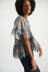 Dorothee Schumacher Cotton Poplin Short Sleeve Ruffled Top in Blue Floral Print