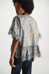 Dorothee Schumacher Cotton Poplin Short Sleeve Ruffled Top in Blue Floral Print