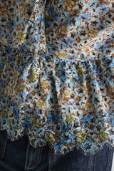 Dorothee Schumacher Cotton Poplin Short Sleeve Ruffled Top in Blue Floral Print