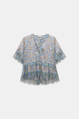 Dorothee Schumacher Cotton Poplin Short Sleeve Ruffled Top in Blue Floral Print