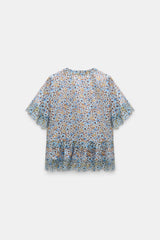 Dorothee Schumacher Cotton Poplin Short Sleeve Ruffled Top in Blue Floral Print