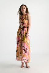 Dorothee Schumacher Viscose Georgette Halter Dress with Fower Appliqué in Sunset Pink