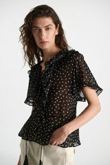 Dorothee Schumacher Polka Dot Blouse in Crinkle Viscose Georgette in Black