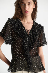 Dorothee Schumacher Polka Dot Blouse in Crinkle Viscose Georgette in Black