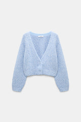 Dorothee Schumacher Merino-Cashmere Cropped Knit Cardigan in Blue Mouliné