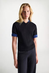 Dorothee Schumacher Short Sleeve Layered Knit Merino Wool Top in Blue