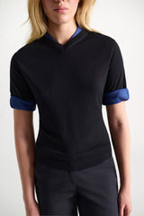 Dorothee Schumacher Short Sleeve Layered Knit Merino Wool Top in Blue