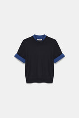 Dorothee Schumacher Short Sleeve Layered Knit Merino Wool Top in Blue