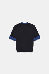 Dorothee Schumacher Short Sleeve Layered Knit Merino Wool Top in Blue