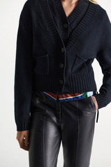 Dorothee Schumacher Cropped Merino-Cashmere Knit V-Neck Cardigan in Midnight Navy