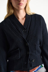 Dorothee Schumacher Cropped Merino-Cashmere Knit V-Neck Cardigan in Midnight Navy