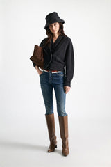 Dorothee Schumacher Cropped Merino-Cashmere Knit V-Neck Cardigan in Dark Grey