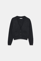 Dorothee Schumacher Cropped Merino-Cashmere Knit V-Neck Cardigan in Dark Grey