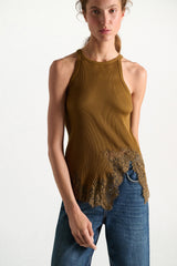 Dorothee Schumacher Rib Knit Cotton Tank Top with Lace Trim in Porcini