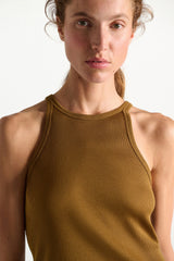 Dorothee Schumacher Rib Knit Cotton Tank Top with Lace Trim in Porcini