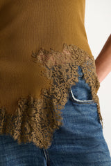 Dorothee Schumacher Rib Knit Cotton Tank Top with Lace Trim in Porcini