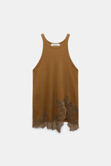 Dorothee Schumacher Rib Knit Cotton Tank Top with Lace Trim in Porcini