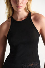 Dorothee Schumacher Rib Knit Cotton Tank Top with Lace Trim in Black
