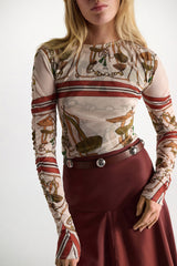 Dorothee Schumacher Printed Mesh Tulle Long-Sleeve Shirt in Cream Terracotta