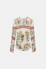 Dorothee Schumacher Printed Mesh Tulle Long-Sleeve Shirt in Cream Terracotta