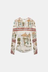 Dorothee Schumacher Printed Mesh Tulle Long-Sleeve Shirt in Cream Terracotta