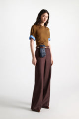 Dorothee Schumacher Wide Leg Suiting Pants in Virgin Wool in Cinnamon Tweed