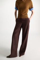 Dorothee Schumacher Wide Leg Suiting Pants in Virgin Wool in Cinnamon Tweed