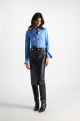 Dorothee Schumacher Leather Pencil Skirt in Midnight Navy Vancouver. Shop Online or in Store.