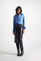 Dorothee Schumacher Leather Pencil Skirt in Midnight Navy Vancouver. Shop Online or in Store.