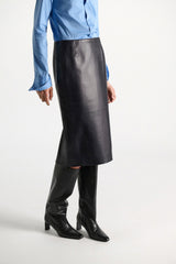 Dorothee Schumacher Leather Pencil Skirt in Midnight Navy Vancouver. Shop Online or in Store.