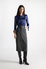 Dorothee Schumacher Slim Satin Blouse with Bow Ties in Navy