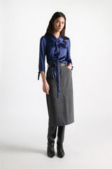 Dorothee Schumacher Slim Satin Blouse with Bow Ties in Navy