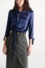 Dorothee Schumacher Slim Satin Blouse with Bow Ties in Navy