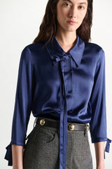 Dorothee Schumacher Slim Satin Blouse with Bow Ties in Navy