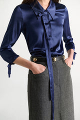 Dorothee Schumacher Slim Satin Blouse with Bow Ties in Navy