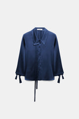 Dorothee Schumacher Slim Satin Blouse with Bow Ties in Navy