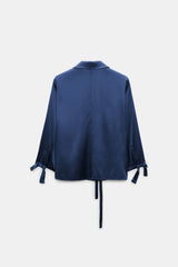 Dorothee Schumacher Slim Satin Blouse with Bow Ties in Navy