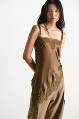 Dorothee Schumacher Satin Camisole with Diagonal Lace Hem in Porcini