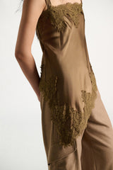Dorothee Schumacher Satin Camisole with Diagonal Lace Hem in Porcini
