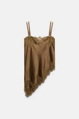 Dorothee Schumacher Satin Camisole with Diagonal Lace Hem in Porcini