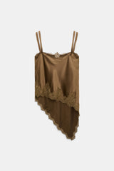 Dorothee Schumacher Satin Camisole with Diagonal Lace Hem in Porcini