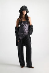 Dorothee Schumacher Satin Camisole with Diagonal Lace Hem in Grey