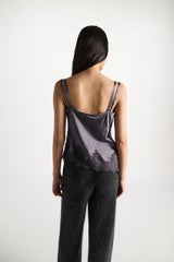 Dorothee Schumacher Satin Camisole with Diagonal Lace Hem in Grey