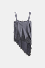 Dorothee Schumacher Satin Camisole with Diagonal Lace Hem in Grey