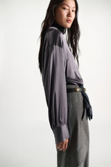Dorothee Schumacher Oversized Satin Blouse in Metallic Purple