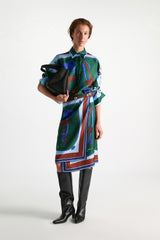Dorothee Schumacher Long Sleeve Oversized Silk Twill Button-Up Blouse in Blue Green Mushroom Print