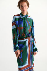 Dorothee Schumacher Long Sleeve Oversized Silk Twill Button-Up Blouse in Blue Green Mushroom Print